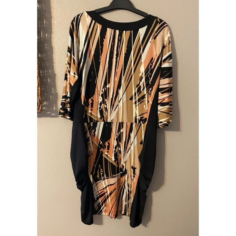 BCBGMaxAzria Dress Orange Black White L Large Stretch 3/4 Long Sleeve Washable